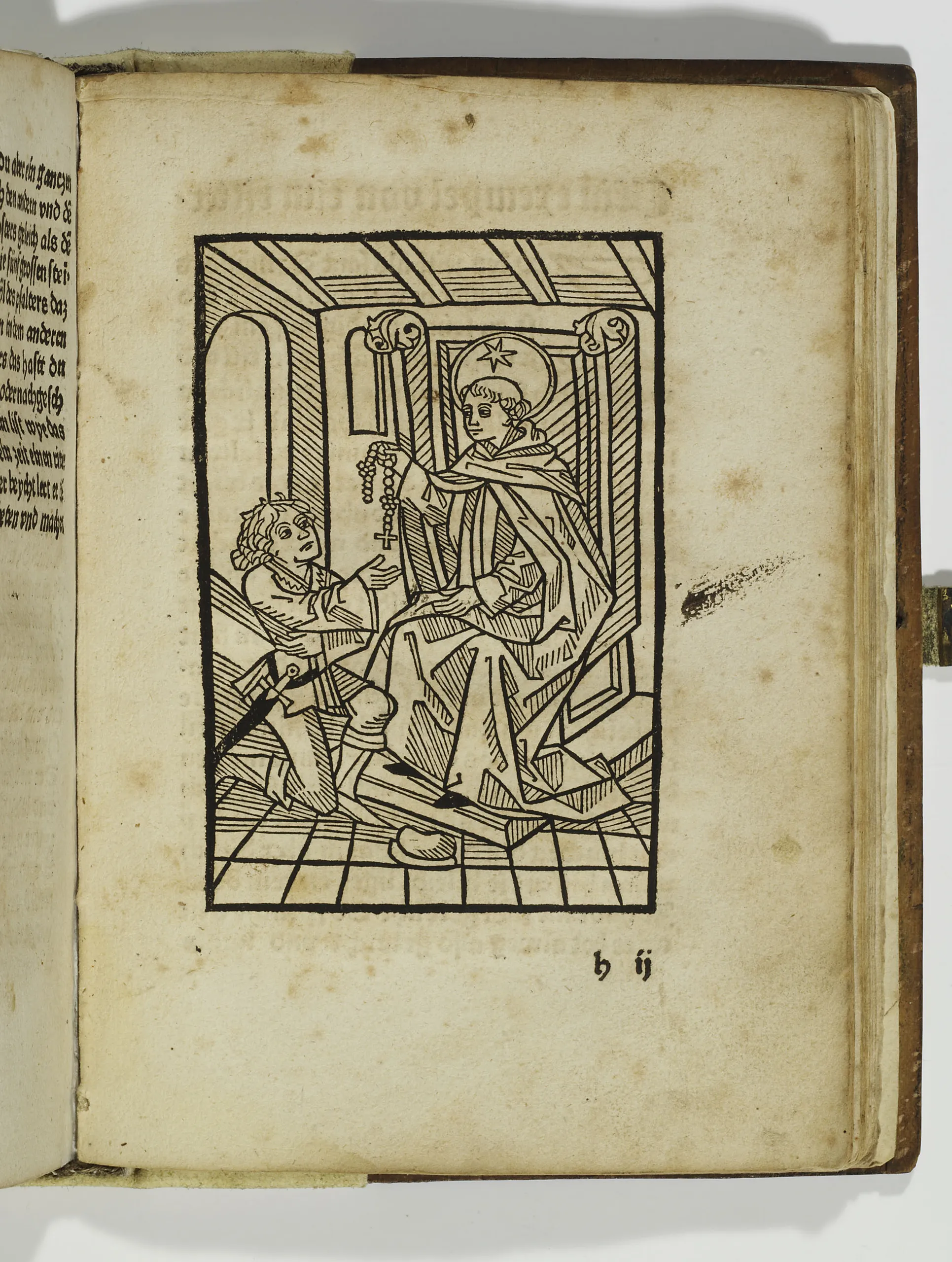 Anonymous woodcutter, Um santo dominicano entrega um rosário a um jovem ajoelhado, xilogravura de uma edição alemã do Saltério de Maria de Alano de la Roche